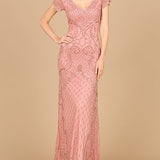Beaded Cap Sleeve Gown With V-Neckline - OUTLET