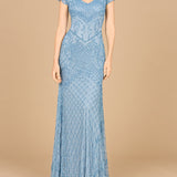 Beaded Cap Sleeve Gown With V-Neckline - OUTLET