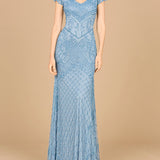 Beaded Cap Sleeve Gown With V-Neckline - OUTLET