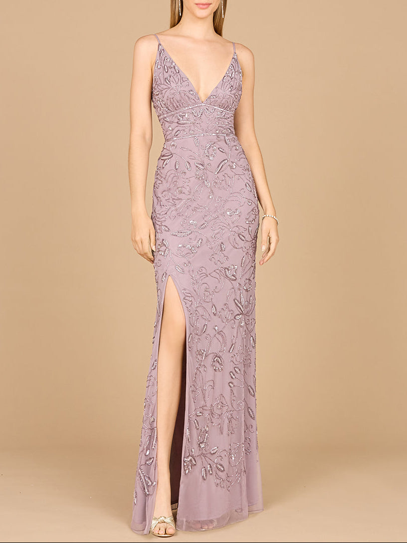 Embellished Gown with Slit And Spaghetti Straps  - OUTLET