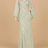 Long Cape Sleeves Beaded Dress  - OUTLET