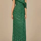 Off Shoulder Sheath Beaded Gown