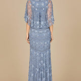 High Neck, Cape Sleeve Beaded Gown  - OUTLET