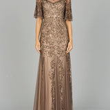 Short Sleeve Sheath Beaded Gown