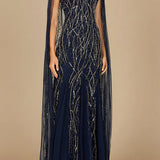 Elegant Beaded Dress with Long Cape