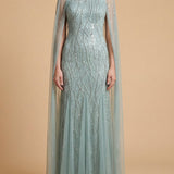 Elegant Beaded Dress with Long Cape