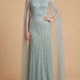 Elegant Beaded Dress with Long Cape