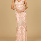 Cap Sleeve Beaded Gown with Fringe | 29098
