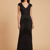 Cap Sleeve Beaded Gown with Fringe | 29098