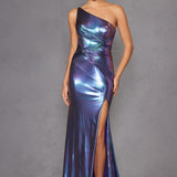 Juliet JT2910H Long Metallic Fitted One Shoulder Prom Gown