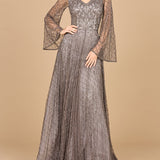 Beaded Long Dress with Flare Sleeves