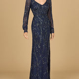 V-Neck Beaded Gown with Sleeves