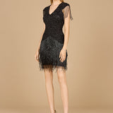 Beaded Fringe Short Dress with Cap Sleeves