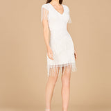 Beaded Fringe Short Dress with Cap Sleeves