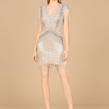 Beaded Fringe Short Dress with Cap Sleeves
