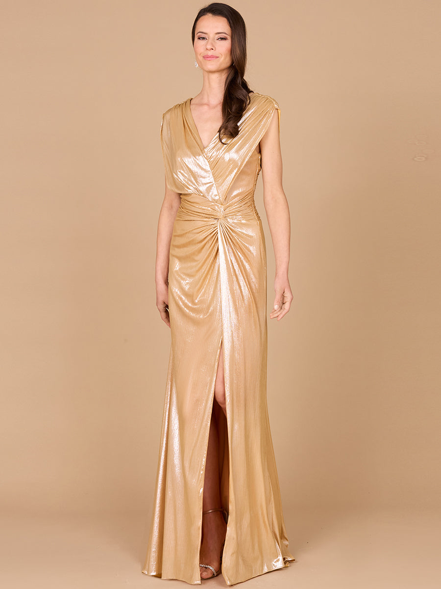 V-Neck Metallic Dress with Slit | 29124 - OUTLET