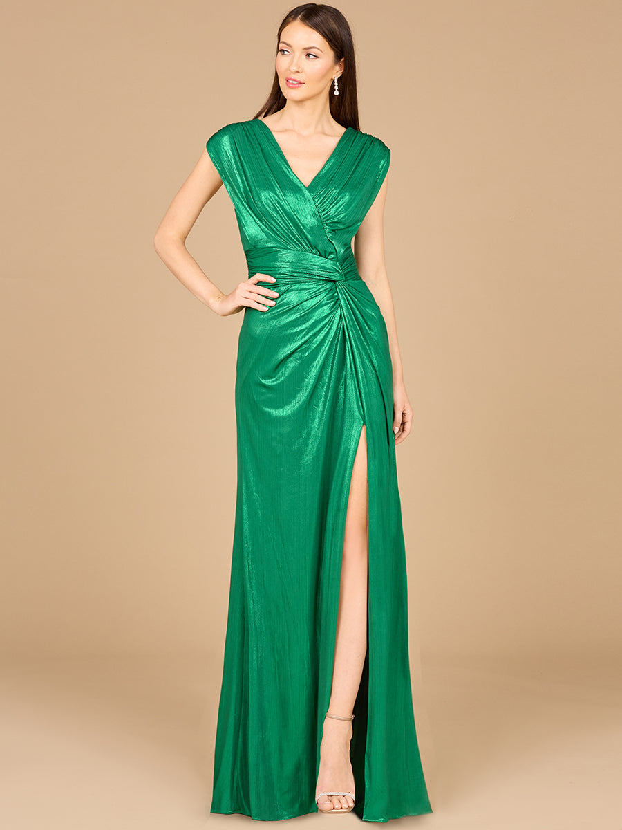 V-Neck Metallic Dress with Slit | 29124 - OUTLET