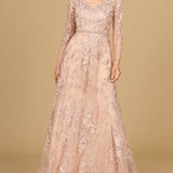 Long Sleeve V-Neck Lace Gown with Beaded Belt