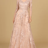 Long Sleeve V-Neck Lace Gown with Beaded Belt