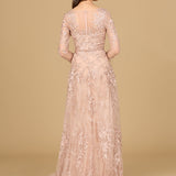 Long Sleeve V-Neck Lace Gown with Beaded Belt
