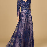 Long Sleeve V-Neck Lace Gown with Beaded Belt