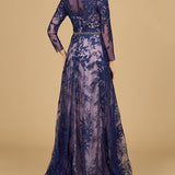 Long Sleeve V-Neck Lace Gown with Beaded Belt
