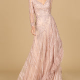 Long Sleeve V-Neck Lace Gown with Feathers