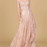 Long Sleeve V-Neck Lace Gown with Feathers