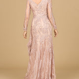 Long Sleeve V-Neck Lace Gown with Feathers