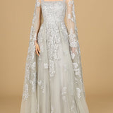 Lace Embroidered Gown with Long Cape Sleeves
