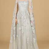 Lace Embroidered Gown with Long Cape Sleeves