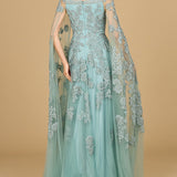 Lace Embroidered Gown with Long Cape Sleeves