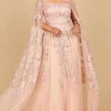 Lace Embroidered Gown with Long Cape Sleeves