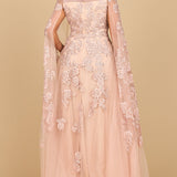 Lace Embroidered Gown with Long Cape Sleeves