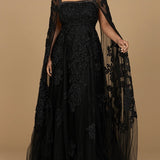 Lace Embroidered Gown with Long Cape Sleeves