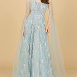 Lace Gown with Cape Sleeves and V-neckline