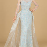 Long Sleeve Lace Gown with Tulle Overskirt