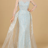 Long Sleeve Lace Gown with Tulle Overskirt