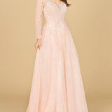Long Sleeve Beaded Lace Gown