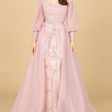 Long Sleeve Lace Gown with Removable Over Skirt