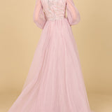 Long Sleeve Lace Gown with Removable Over Skirt