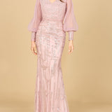 Long Sleeve Lace Gown with Removable Over Skirt