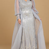 Long Sleeve Lace Gown with Removable Over Skirt