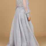 Long Sleeve Lace Gown with Removable Over Skirt