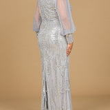 Long Sleeve Lace Gown with Removable Over Skirt