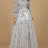 Long Sleeve Lace Gown with Removable Over Skirt