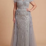 Off Shoulder Gown with Feathers
