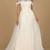 Off Shoulder Gown with Feathers
