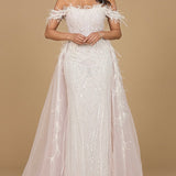 Off Shoulder Gown with Feathers