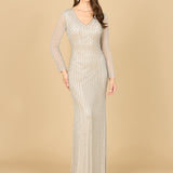 Classic V-Neck Beaded Long Sleeve Gown